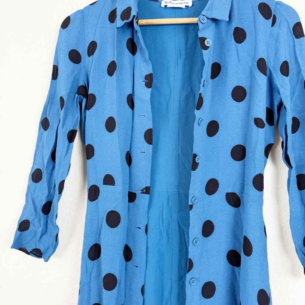 Reformation Blue Midi Shirt Dress with Black Polka Dots - Picture 3 of 6